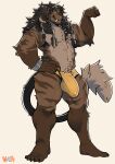 absurd_res anthro beard big_bulge biped black_hair bluesh brown_body brown_fur bulge clothed clothing detailed_bulge facial_hair fangs felid flexing flexing_bicep fluffy fluffy_tail fur genital_outline hair hi_res lion long_hair male mammal muscular muscular_anthro muscular_male nipple_piercing nipples pantherine penis_outline piercing plantigrade solo tail teeth underwear underwear_only