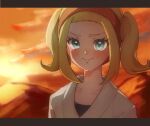 1girl black_shirt blonde_hair blue_eyes blush closed_mouth cloud collarbone commentary_request eyelashes hairband jacket josee_(pokemon) letterboxed outdoors pokemon pokemon_legends:_z-a red_hairband shigure_(pkmn12261485) shirt sidelocks sky smile solo twilight twintails upper_body white_jacket 