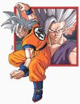  2boys blue_boots blue_shirt boots doug dragon_ball dragon_ball_super duel emblem father_and_child father_and_son gohan_beast grey_eyes highres male_focus multiple_boys orange_pants orange_shirt pants parent_and_child purple_shirt red_eyes ruemr03190_0 shirt son_gohan son_goku spiked_hair toriyama_akira_(style) ultra_instinct white_hair 