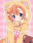  1girl animal_hood bad_id bad_twitter_id bear_hood blue_eyes blush bow bread bread_hair_ornament bread_slice butter food food-themed_hair_ornament food_in_mouth hair_ornament hairclip highres hood lisa_(faeuna) looking_at_viewer mouth_hold orange_hair original solo striped_background stuffed_animal stuffed_toy teddy_bear toast toast_in_mouth upper_body yellow_bow yellow_hood 