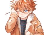 1boy aged_down akehoshi_subaru blue_eyes blush closed_mouth crying ensemble_stars! hair_between_eyes hamkoong hood hood_down hooded_jacket jacket long_sleeves male_focus one_eye_closed open_clothes open_jacket orange_hair orange_jacket pinstripe_pattern pinstripe_shirt shirt short_hair simple_background sketch solo tears upper_body white_background wiping_tears 