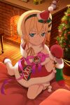  1girl artist_request blonde_hair blue_eyes boots box brick christmas christmas_stocking christmas_tree dress edna_(christmas)_(tales) edna_(tales) fireplace from_above full_body fur-trimmed_boots fur-trimmed_dress fur-trimmed_gloves fur-trimmed_headwear fur_trim game_asset gift gift_box gloves hair_ribbon hat hat_ornament holding holly_hat_ornament indoors looking_at_viewer mini_hat mittens official_alternate_costume official_art pom_pom_(clothes) red_dress red_mittens ribbon santa_costume santa_hat short_hair side_ponytail snowman solo tales_of_(series) tales_of_link tales_of_zestiria third-party_source tile_floor tiles tilted_headwear wooden_floor 