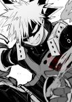  1boy bakugou_katsuki belt boku_no_hero_academia collared_shirt commentary_request cowboy_shot eye_mask gloves greyscale grin highres long_sleeves looking_at_viewer male_focus mask monochrome outstretched_arm pants shirt smile smoke solo subgenjin1600 superhero_costume teeth two-sided_gloves watermark white_background wide-eyed 