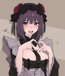  1girl absurdres between_breasts black_dress black_necktie blush breasts chain chained clothes_between_breasts commentary cosplay dress embarrassed flower frilled_dress frilled_sleeves frills heart heart_hands highres i_shamx kitagawa_marin kuroe_shizuku kuroe_shizuku_(cosplay) large_breasts looking_at_viewer medium_hair necktie necktie_between_breasts open_mouth purple_eyes purple_hair red_flower red_rose rose solo sono_bisque_doll_wa_koi_wo_suru 