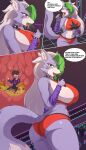  2026 5_fingers absurd_res anthro biped butt canid canine canis clothed clothing comic dialogue digital_media_(artwork) electronics english_text eyebrows eyelashes female fingers five_nights_at_freddy's five_nights_at_freddy's:_security_breach hair hi_res holding_object long_hair mammal microphone open_mouth red_clothing roxanne_wolf scottgames son2j speech_bubble steel_wool_studios tail text tongue tongue_out vore wolf 