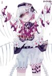  1girl artist_name belt beret black_choker black_coat black_hat bug butterfly choker coat collared_coat commentary_request flower flower-trimmed_shorts flower-trimmed_sleeves foopy gradient_hair hair_flower hair_ornament hat hat_flower hat_ribbon highres long_sleeves looking_at_viewer mahou_shoujo_no_majo_saiban multicolored_hair neck_ribbon o-ring o-ring_thigh_strap open_mouth pink_butterfly pink_eyes pink_hair puffy_sleeves ribbon sakuraba_ema shirt short_hair signature simple_background skeletal_wings sleeveless sleeveless_coat smile solo spoilers thigh_strap watermark white_background white_hair white_ribbon white_shirt white_sleeves wings witch_(manosaba) x_hair_ornament 