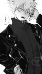  1boy alternate_costume arm_behind_head arm_up bakugou_katsuki boku_no_hero_academia coat collared_shirt commentary_request cowboy_shot greyscale hand_in_pocket highres lapels long_sleeves looking_at_viewer male_focus monochrome notched_lapels open_mouth parted_bangs scar scar_on_cheek scar_on_face shirt short_hair solo speech_bubble spiked_hair subgenjin1600 teeth translation_request zipper zipper_pull_tab 
