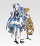  1girl alternate_costume alternate_hairstyle arm_behind_back black_bow black_shoes blue_hair bow cerydra_(honkai:_star_rail) commentary full_body gloves grape_(grapedraws) hair_bow half_gloves high_heels honkai:_star_rail honkai_(series) long_sleeves looking_at_viewer pantyhose parted_lips shirt shoes simple_background skirt smile solo standing white_gloves white_pantyhose white_shirt white_skirt 