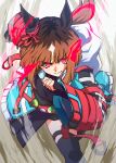  1girl animal_ears aqua_coat badge black_gloves black_shirt black_skirt black_thighhighs breasts brown_hair button_badge closed_eyes coat commentary_request ear_ornament ear_ribbon eye_trail fanny_pack fingerless_gloves gloves glowing glowing_eyes headphones headphones_around_neck highres horse_ears horse_girl jacket light_trail long_sleeves looking_at_viewer multicolored_hair open_clothes red_eyes running shirt short_hair skirt smile solo thighhighs transcend_(umamusume) transcend_(zoku-zoku_gizmo)_(umamusume) umamusume zukki_(bijitaru) 