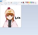  1girl :| animal_print art_program_in_frame asymmetrical_hair beanie bear_print brown_eyes brown_hair casual character_name closed_mouth curtained_hair cut_bangs earflap_beanie expressionless ezier hair_ornament hat hood hood_down hooded_jacket iwakura_lain jacket jaggy_lines looking_at_viewer microsoft_paint_(medium) oekaki open_clothes open_jacket pink_hat pink_jacket pom_pom_(clothes) pom_pom_beanie serial_experiments_lain short_hair side_part solo source_request straight-on turtleneck upper_body white_background x_hair_ornament 