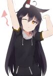  1girl absurdres ahoge animal_ear_fluff animal_ears arms_up arrow_(symbol) black_hair black_hoodie blush closed_mouth commentary_request drawstring hair_between_eyes highres hood hoodie long_hair nyaha one_eye_closed orange_eyes original short_sleeves simple_background solo stretching tears very_long_hair white_background 