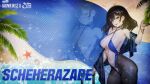  1girl absurdres beach black_hair breasts brown_dust_(series) brown_dust_2 brown_hair character_name cleavage collarbone copyright_name criss-cross_halter english_text hair_between_eyes halterneck hand_up highres large_breasts long_hair looking_at_viewer navel official_alternate_costume official_art official_wallpaper open_mouth scheherazade_(brown_dust) seashell shell solo stomach zoom_layer 