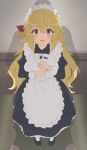  1boy 1girl absurdres apron blonde_hair breasts brown_eyes hair_between_eyes highres large_breasts long_hair looking_at_viewer maid open_mouth revision saikyou_onmyouji_no_isekai_tenseiki shadow shoes sincos solo_focus standing white_apron yifa 