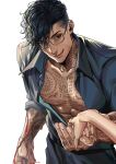 1boy absurdres arm_tattoo black_hair blood blood_on_hand blue_eyes breast_tattoo chest_tattoo commentary english_commentary glasses highres holding_hands ichisan licking_lips looking_at_viewer lookism male_focus neck_tattoo open_clothes seo_seong_eun shirt short_hair simple_background smile solo stomach_tattoo tattoo tongue tongue_out upper_body white_background 