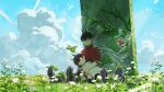  2boys ao_fujimori arm_on_another's_shoulder bag bandages barcode black_boots black_eyes black_hair black_shorts blue_sky boots brothers closed_eyes cloud crack day field flower grass highres horns jacket light_frown looking_down mili_(band) moss multiple_boys official_art on_ground original outdoors plastic_bag red_jacket short_hair short_sleeves shorts siblings sitting sky sleeping sleeping_on_person stone_pillar sunlight torn_clothes torn_jacket twins white_boots white_flower white_jacket youtube_video_thumbnail 