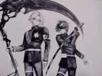  2boys absurdres ahoge aotsuki_eito armband belt chinese_commentary commentary_request gakuran glasses greyscale highres holding holding_scythe holding_sword holding_weapon hole_in_chest hole_on_body jacket last_defense_academy_school_uniform looking_at_viewer male_focus monochrome multicolored_hair multiple_boys mususky pants school_uniform scythe short_hair smile streaked_hair sumino_takumi sword the_hundred_line_-last_defense_academy- traditional_media weapon 