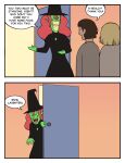 2025 absurd_res ambiguous_gender black_clothing black_dress black_hat black_headwear blush blush_lines bonnymama7 brown_hair closed_smile clothed clothed_ambiguous clothed_human clothed_humanoid clothing comic dialogue digital_drawing_(artwork) digital_media_(artwork) door doorway dress elphaba_(bonnymama7) english_text eye_contact female_(lore) front_view fully_clothed fully_clothed_ambiguous fully_clothed_humanoid green_body group hair half-length_portrait hat headgear headwear hi_res human humanoid looking_at_another mammal medium_comic mouth_closed open_mouth open_smile portrait pose rear_view red_hair red_tongue smile speech_bubble talking_to_another teeth text thin_eyebrows tongue tongue_showing toothy_grin trio witch_hat