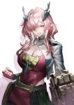  1girl absurdres arknights arknights:_endfield blue_horns breasts chinese_commentary cleavage clenched_hand commentary_request cropped_shirt english_commentary fingerless_gloves gloves grey_shirt hair_intakes hair_over_one_eye highres horns large_breasts long_hair long_sleeves looking_at_viewer mi_fu_(arknights) mixed-language_commentary mole mole_on_breast mole_under_eye multiple_moles one_eye_covered partial_commentary pink_eyes pink_gloves pink_hair pointy_ears shirt simple_background sketch solo white_background yiyanbanshengchou 