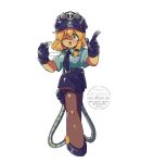  1girl blonde_hair blue_gloves blue_necktie blue_shirt blue_shoes commentary english_commentary fang full_body gloves highres holding holding_whistle holster index_finger_raised leg_holster mega_man_(classic) mega_man_(series) necktie one_eye_closed open_mouth original piano_(srnhuyuno) police police_uniform red_eyes scar scar_on_face shirt shoes simple_background skirt solo srnhuyuno thigh_holster whistle white_background 