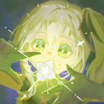  1girl ahblue artist_name bare_shoulders black_background bright_pupils commentary covered_mouth cross-shaped_pupils dress eyelashes flower genshin_impact gradient_hair green_dress green_eyes green_hair hair_between_eyes hair_ornament hands_up heart heart_hair_ornament highres long_hair looking_at_object multicolored_hair nahida_(genshin_impact) pointy_ears side_ponytail sidelocks simple_background sleeveless sleeveless_dress solo sparkle symbol-shaped_pupils two-tone_hair upper_body white_flower white_hair white_pupils 