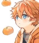  1boy aged_down akehoshi_subaru blue_eyes blush closed_mouth ensemble_stars! food fruit hair_between_eyes hamkoong jacket looking_up male_focus mandarin_orange open_clothes open_jacket orange_hair orange_jacket portrait short_hair simple_background sketch solo white_background 