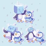  ? arm_up blank_eyes blue_background ci_spl closed_eyes eiscue eiscue_(ice) eiscue_(noice) hands_on_own_hips highres ice ice_cube multiple_views musical_note no_humans pokemon pokemon_(creature) pokemon_focus standing standing_on_one_leg surprised sweatdrop u_u 