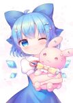  1girl blue_bow blue_dress blue_eyes blue_hair blush bow cirno closed_mouth collared_shirt detached_wings dress fairy hair_bow highres holding holding_stuffed_toy ice ice_wings one_eye_closed pjrmhm_coa puffy_short_sleeves puffy_sleeves shirt short_hair short_sleeves solo stuffed_animal stuffed_bunny stuffed_toy touhou upper_body white_shirt wings 