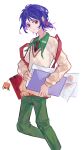  1boy absurdres amate_yuzuriha amate_yuzuriha_(cosplay) aqua_pants aqua_shirt bag blue_hair charm_(object) closed_mouth collared_shirt colored_inner_hair conch_(gundam) cosplay costume_switch folder gundam gundam_gquuuuuux highres holding holding_folder long_sleeves looking_at_viewer multicolored_hair necktie pants paper ponytail red_eyes school_bag school_uniform shirt short_hair short_ponytail shuji_ito simple_background sweater two-tone_hair white_background wohaolana 