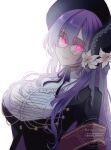  1girl angie03 black_bonnet black_gloves black_jacket bonnet breasts collared_shirt commentary fate/grand_order fate_(series) flower glasses gloves glowing glowing_eyes highres jacket large_breasts long_hair long_sleeves looking_at_viewer pink_eyes purple_hair sash shirt smile urd_(fate) urd_(second_ascension)_(fate) white_shirt 