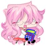  1girl bloodsongs blush_stickers calculatory chibi chibi_only commentary crossover english_commentary full_body glasses holding holding_calculator long_hair long_sleeves lucky_star neckerchief obsolete_battle_show open_mouth pink_hair pink_neckerchief pleated_skirt red_sailor_collar red_skirt ryouou_school_uniform sailor_collar school_uniform serafuku shirt skirt takara_miyuki very_long_hair white_background white_shirt 