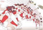  2girls arm_up arms_up artist_name ball bike_shorts black_shorts brown_eyes brown_hair commentary_request dated elbow_pads girls_und_panzer gym_shirt gym_uniform headband highres isobe_noriko jumping knee_pads kondou_taeko long_hair medium_hair motion_blur multiple_girls ooarai_volleyball_uniform red_headband red_shirt red_shorts red_socks reflective_floor satou_yasu sequential_exposures shirt shoes short_hair short_shorts short_sleeves shorts signature simple_background single_vertical_stripe sleeveless sleeveless_shirt sneakers socks spiking sportswear squatting t-shirt volleyball_(object) volleyball_(sport) volleyball_net volleyball_uniform white_background white_shirt white_shoes 