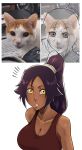  1girl absurdres bare_shoulders bleach breasts cat cleavage commentary dark-skinned_female dark_skin english_commentary highres ivizard large_breasts lineart looking_at_viewer notice_lines parted_bangs parted_lips photo-referenced ponytail purple_hair red_tank_top reference_inset shihouin_yoruichi solo tank_top upper_body white_background yellow_eyes 