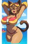  1boy 1girl absurdres animal_ears animal_nose armpits arms_behind_head bikini blue_sky body_fur bouncing_breasts breasts brown_fur brown_hair cat_ears cat_girl cat_tail cleavage cloud cloudy_sky collarbone commentary day english_commentary fang furry furry_female furry_male gameoverse gobbles_(gameoverse) goggles goggles_on_head hair_between_eyes highres kit_bodega large_breasts looking_at_viewer multicolored_bikini navel ocean open_mouth outdoors partially_submerged presenting_own_armpit red_bikini red_eyes scrapy short_hair sky slit_pupils smile snout solo_focus standing swimsuit tail thighs twitter_username wading water wet white_bikini yellow_bikini 