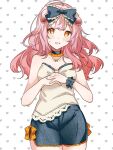  1girl animal_ears arknights aza_nonoka bare_shoulders black_bow black_shorts blush bow collarbone commentary cowboy_shot denim denim_shorts dot_nose frilled_bow frills goldenglow_(arknights) grey_shirt heart heart_background highres long_hair looking_at_viewer open_mouth own_hands_together pink_hair scrunchie shirt shorts solo standing strapless strapless_shirt white_background wrist_scrunchie yellow_eyes 