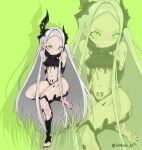  1girl absurdres arms_behind_back bare_shoulders barefoot black_horns black_liquid black_nails breasts commentary english_commentary forehead goddess_of_victory:_nikke green_background green_eyes grey_hair highres horns leviathan_(nikke) liquid_clothes long_hair looking_at_viewer navel pointy_ears pubic_tattoo sinwraith_art small_breasts tattoo thick_thighs thighs zoom_layer 