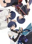  3boys arm_armor armor artist_name baggy_pants bangs bare_shoulders belt black_belt black_bow black_shirt black_shorts black_vest blue_eyes blue_hair blue_vest blunt_ends bow chinikuniku closed_eyes closed_mouth dark_blue_hair dated detached_sleeves feet_out_of_frame gem genshin_impact gold green_gemstone grey_pants grey_shirt hair_between_eyes hands_up jewelry leaf long_sleeves looking_down looking_to_the_side lying makeup male_focus mandarin_collar mitsudomoe_(shape) multiple_boys multiple_persona necklace no_headwear official_alternate_costume on_side open_clothes open_vest pants parted_bangs pom_pom_(clothes) purple_belt purple_shirt red_bow red_eyeliner ring scaramouche_(genshin_impact) scaramouche_(kabukimono)_(genshin_impact) shirt short_sleeves shorts shoulder_armor simple_background sleeping sleeveless sleeveless_shirt tassel tomoe_(symbol) two-tone_vest vest vision_(genshin_impact) wanderer_(genshin_impact) watermark white_background white_vest wide_sleeves 