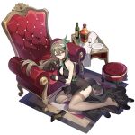 1girl bare_shoulders black_dress bottle breasts chair collarbone commentary criss-cross_halter cup dress drinking_glass elbow_gloves english_commentary from_above gloves grey_hair hair_between_eyes half_gloves halter_dress halterneck head_rest honkai_(series) honkai_impact_3rd light_smile looking_at_viewer official_alternate_costume official_alternate_hairstyle peacock_feathers_hair_ornament plate red_eyes shoe_dangle side_slit single_elbow_glove single_half_glove solo thighhighs third-party_source vita_(honkai_impact) wine_bottle wine_glass wrist_guards 