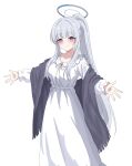  1girl absurdres black_shawl blue_archive blush breasts choon_sik2 commentary_request dress frilled_pajamas frills grey_hair halo highres korean_commentary large_breasts long_hair long_sleeves looking_at_viewer mechanical_halo nightgown nightshirt noa_(blue_archive) noa_(pajamas)_(blue_archive) official_alternate_costume outstretched_arms pajamas ponytail purple_eyes shawl simple_background sleepwear smile solo very_long_hair white_background white_dress white_halo white_nightgown white_pajamas 