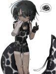  1boy 1other animal_collar animal_print asymmetrical_bangs bandaid bandaid_on_arm bandaid_on_leg bandaid_on_thigh black_hair black_shorts blue_eyes collar cow_print dark-skinned_male dark_skin drugs_neko fingerless_gloves gloves highres looking_at_viewer male_focus middle_finger no_pupils original shorts squiggle tan tank_top tanlines tongue tongue_grab tongue_out white_background 