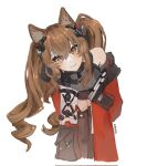  1girl :3 angelina_(arknights) animal_ear_fluff animal_ears arknights arknights:_endfield artist_name bare_shoulders black_thighhighs brown_hair coat commentary cropped_legs dot_nose dress english_commentary fox_ears fox_girl fox_tail gilberta_(arknights) grey_dress hair_between_eyes headpiece high_collar highres leaning_forward long_hair long_sleeves looking_at_viewer ochinaryx off_shoulder open_clothes open_coat orange_eyes red_coat simple_background single_bare_shoulder solo tail thighhighs twintails upper_body white_background 