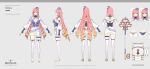  1girl absurdres ascot bare_shoulders belt boots breasts character_name copyright_name copyright_notice detached_sleeves drill_hair full_body garrison_cap gradient_hair grey_background hat high_heel_boots high_heels highres key large_breasts logo long_hair long_sleeves mini_hat miniskirt mongil:_star_dive multicolored_hair multiple_views official_art panties pencil_skirt pink_hair puffy_long_sleeves puffy_sleeves purple_belt purple_hat purple_panties purple_shirt quad_drills reference_sheet sera_(mongil:_star_dive) shirt skirt sleeveless sleeveless_shirt thigh_boots thigh_strap tilted_headwear turnaround underwear very_long_hair white_ascot white_boots white_skirt white_sleeves 