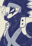  1boy bakugou_katsuki boku_no_hero_academia commentary_request covered_mouth grey_background greyscale highres hood hood_up looking_at_viewer male_focus mask monochrome profile shirt short_hair solo spiked_hair subgenjin1600 superhero_costume upper_body wide-eyed 