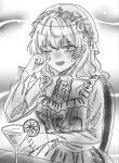  1girl chair check_commentary cocktail_glass commentary_request cowboy_shot crying cup dress drinking_glass greyscale hat highres long_hair long_sleeves maribel_hearn marimohu_starry mob_cap monochrome one_eye_closed open_mouth see-through_clothes see-through_hat see-through_sleeves sitting solo table tears tears_from_one_eye touhou wiping_tears 