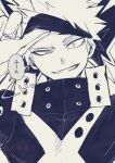  1boy arm_up bakugou_katsuki boku_no_hero_academia collared_shirt commentary_request eye_mask grin highres looking_at_viewer male_focus mask mask_lift monochrome shirt short_hair simple_background smile solo speech_bubble spiked_hair subgenjin1600 translation_request uneven_eyes upper_body wide-eyed 