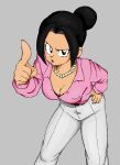  1girl black_hair breasts chi-chi_(dragon_ball) cleavage collarbone collared_shirt denim dragon_ball dragon_ball_z formal_clothes highres jeans large_breasts mature_female microwavearson pants pink_shirt shirt solo topknot 