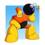  1boy arm_on_own_leg arm_rest armor blue_background bomb bomb_man border clenched_teeth evil_grin evil_smile explosive full_body grin helmet highres holding holding_bomb humanoid_robot mega_man_(classic) mega_man_(series) mega_man_1 mohawk orange_armor outside_border robot robot_ears simple_background smile solo teeth toastiepumpkin two-tone_background white_background white_border yellow_helmet 
