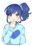  1girl aikatsu! aikatsu!_(series) blue_eyes blue_hair blue_scrunchie blue_sweater blush commentary_request cropped_torso hair_ornament hair_scrunchie hand_to_own_mouth hand_up heart heart_print kiriya_aoi long_hair looking_at_viewer onbin_ha print_sweater scrunchie side_ponytail sidelocks simple_background smile solo sweater upper_body white_background 