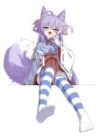  1girl absurdres ahoge animal_ears bike_shorts bike_shorts_under_skirt blue_eyes choon_sik2 commentary cone_hair_bun double_bun feet fluffy_tail foot_focus foreshortening fox_ears fox_girl fox_tail hair_bun hair_ornament hair_rings heterochromia highres korean_commentary kosode long_hair looking_at_viewer no_shoes open_mouth pom_pom_(clothes) pom_pom_hair_ornament presenting_foot purple_hair purple_tail shirt simple_background smile socks_over_thighhighs soles solo stellive tail tenko_shibuki toes two-tone_tail virtual_youtuber white_background yellow_eyes 