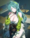  1girl bare_shoulders bead_bracelet beads bracelet breasts cecilia_(zenless_zone_zero) cleavage commentary desk dress fins green_dress green_hair green_hairband hairband head_fins highres indoors jewelry lamp large_breasts long_hair looking_at_viewer mole mole_under_mouth purple_eyes seahorse_girl single_hair_intake smile solo svet_yomi very_long_hair zenless_zone_zero 