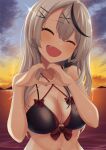  1girl :d absurdres bikini black_bikini black_streaks blush breasts cleavage closed_eyes cloud collarbone commentary_request dusk facing_viewer fang grey_hair hair_between_eyes hair_ornament hairclip hands_up happy heart heart_hands highres hololive large_breasts long_hair multicolored_hair ocean open_mouth orange_sky outdoors ramkilog sakamata_chloe sky smile solo streaked_hair sun swimsuit upper_body virtual_youtuber water x_hair_ornament 